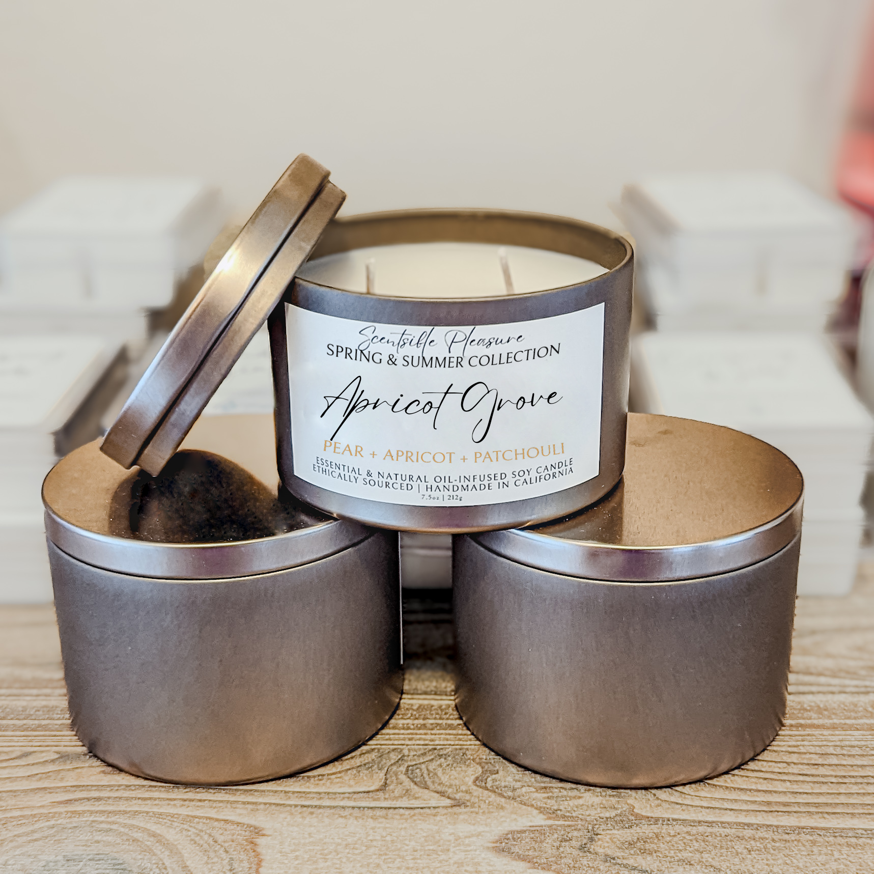 Apricot Grove, Scents of Pear, Apricot, and Patchouli, 7.5 ounce tin; Spring and Summer Apricot Grove Scented Candle, made with soy wax, with scent notes of Pear, Apricot, and Patchouli