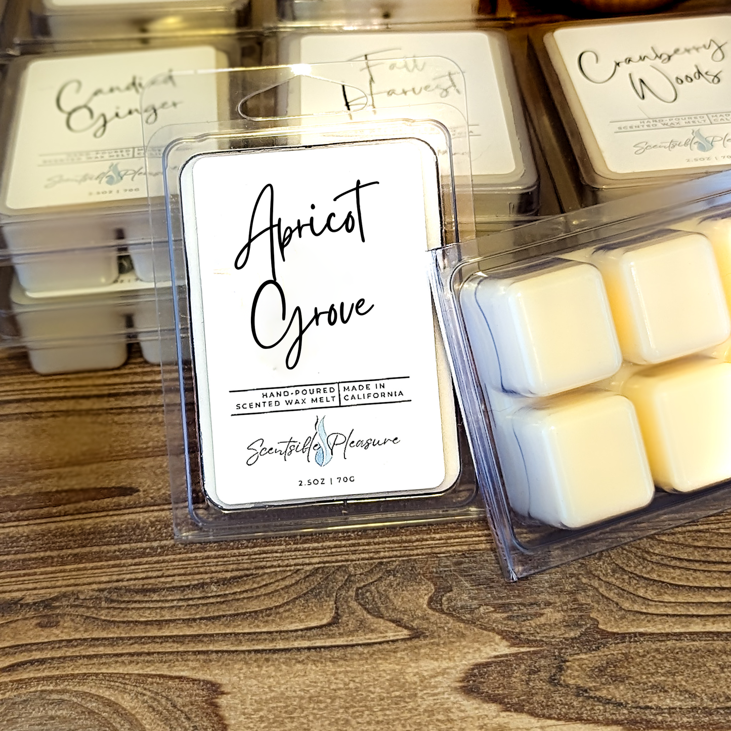 Spring and Summer Apricot Grove Scented Melts/Tarts, made with soy wax, with scent notes of Pear, Apricot, and Patchouli