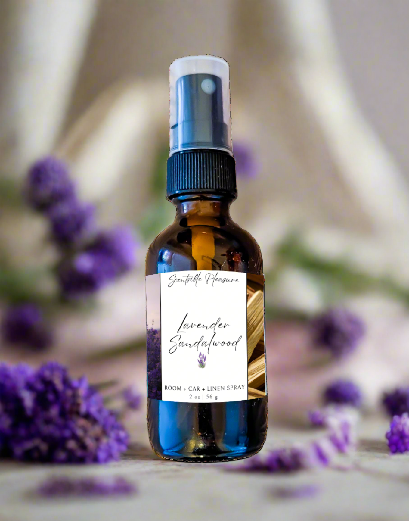 Lavender Sandalwood Room Car Linen Spray in 2oz Amber Glass