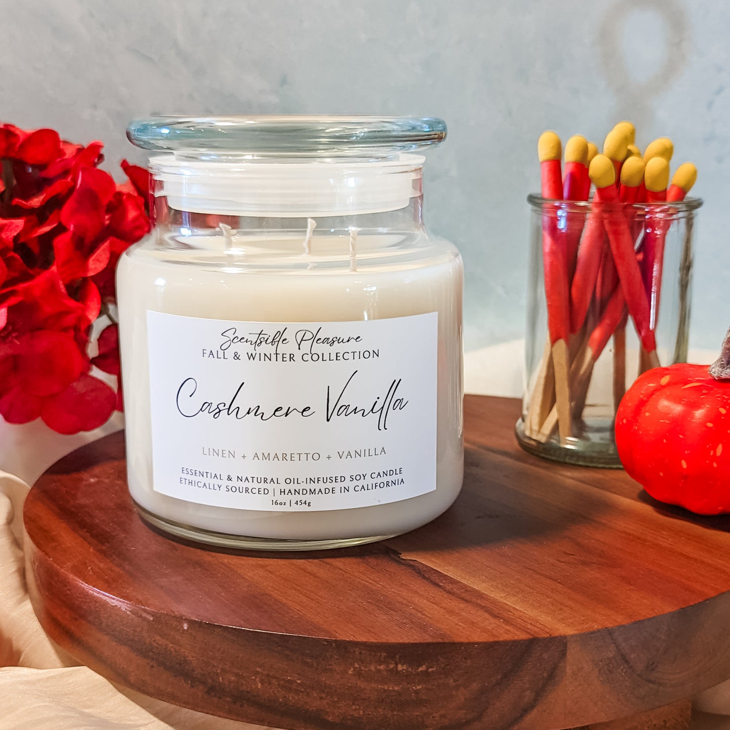 16oz 3-Wick Cashmere Vanilla Scented Candle, made with soy wax and scent notes of linen, amaretto, and vanilla