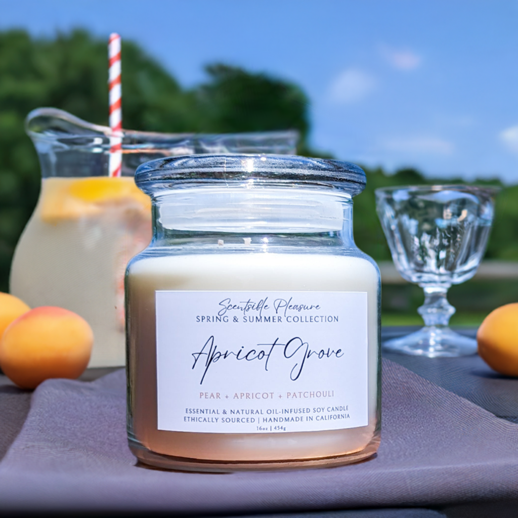 Spring and Summer Apricot Grove Scented Candle, made with soy wax, with scent notes of Pear, Apricot, and Patchouli